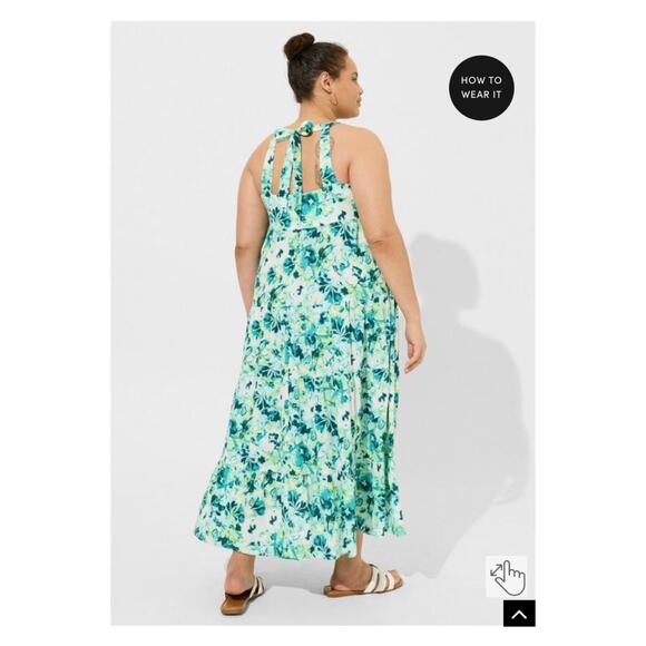 Torrid Green Watercolor Floral Gauze Halter Tiered Maxi Dress Sz.2 NWT - Picture 3 of 16